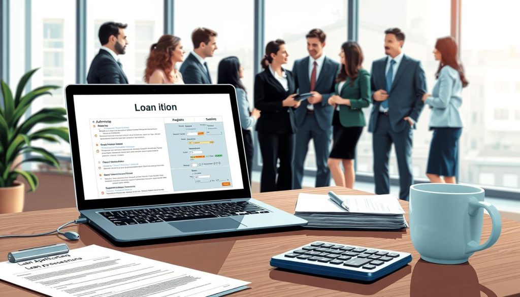 A detailed illustration of a loan processing workflow. In the foreground, a neatly organized desk with a laptop displaying loan application forms, alongside a calculator and a coffee cup. The middle ground features a diverse group of individuals dressed in professional business attire, engaged in discussions around the loan processes, highlighting collaboration and decision-making. The background shows a modern office environment with large windows letting in natural light, casting soft shadows that enhance the atmosphere of professionalism and opportunity. The overall mood is focused and optimistic, symbolizing clarity and the potential to pause or stop the loan process in certain situations. The image captures the essence of financial decision-making while remaining visually appealing and informative.