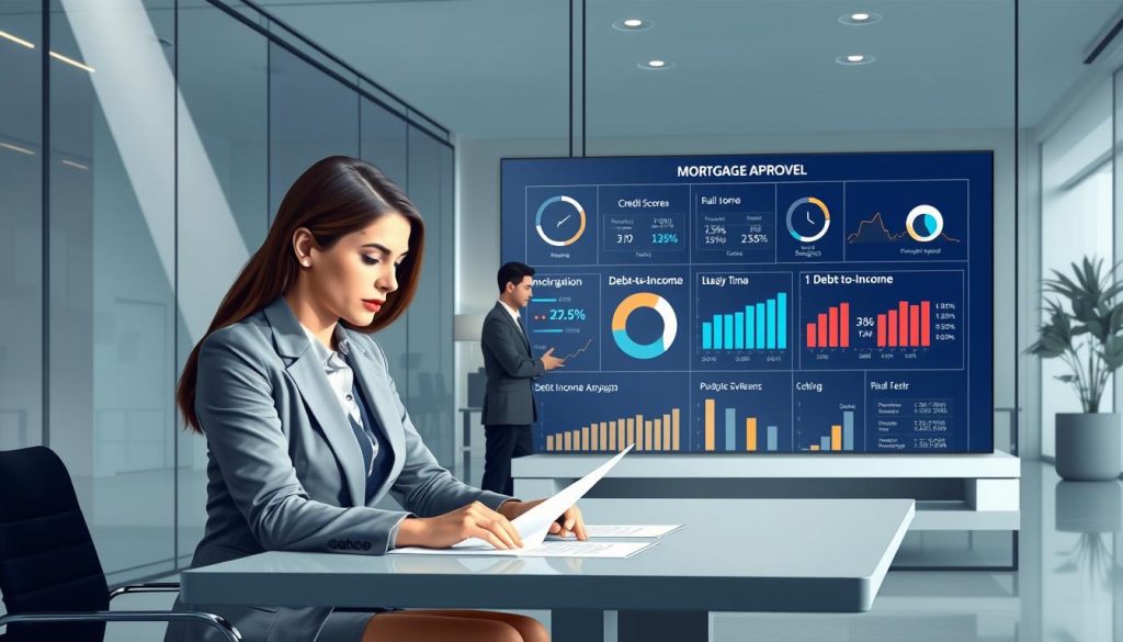 A detailed illustration of a mortgage approval process, set in a modern bank office environment. In the foreground, a professional-looking businesswoman in a tailored suit is engaged in a discussion with a banker, reviewing documents on a sleek table. The middle ground features a large digital display showcasing key financial indicators like credit scores, income levels, and debt-to-income ratios, visually represented with graphs and charts. The background includes an elegant office space with glass walls, soft natural lighting streaming in, and minimalistic decor to convey professionalism. The mood is focused and diligent, reflecting the seriousness of mortgage approval criteria. The image captures a moment of collaboration and data analysis, emphasizing clarity and transparency in the process.