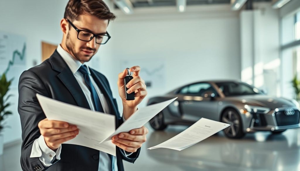 A detailed illustration of "collateral" in a financial context. In the foreground, display a confident business person in professional attire, examining a car key and an official document, symbolizing a car loan. In the middle, have a sleek and modern car parked, showcasing the typical collateral associated with auto loans. The background should depict a well-lit office space with financial charts and graphs on the walls, hinting at risk structures. The lighting should be bright, creating a professional atmosphere, aimed at emphasizing trust and security in financial transactions. Use a wide-angle lens to capture the depth of the office environment, with a clear focus on the business person and the car as key elements.