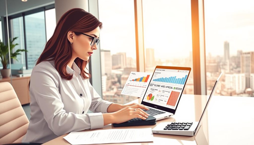 A detailed illustration of the credit card approval logic featuring a professional, focused businesswoman analyzing data on a laptop in a modern office setting. In the foreground, display her engaged with various charts and graphs on the screen, showcasing credit scores, loan types, and approval criteria. The middle layer should include a sleek desk with essential paperwork and a financial calculator. In the background, large windows let in natural light, illuminating a bustling cityscape outside. Use a warm, inviting atmosphere, with soft lighting emphasizing her concentration and the seriousness of understanding credit card approval processes. The image should convey a sense of professionalism and analytical depth, capturing the essence of exploring credit card evaluation logic.