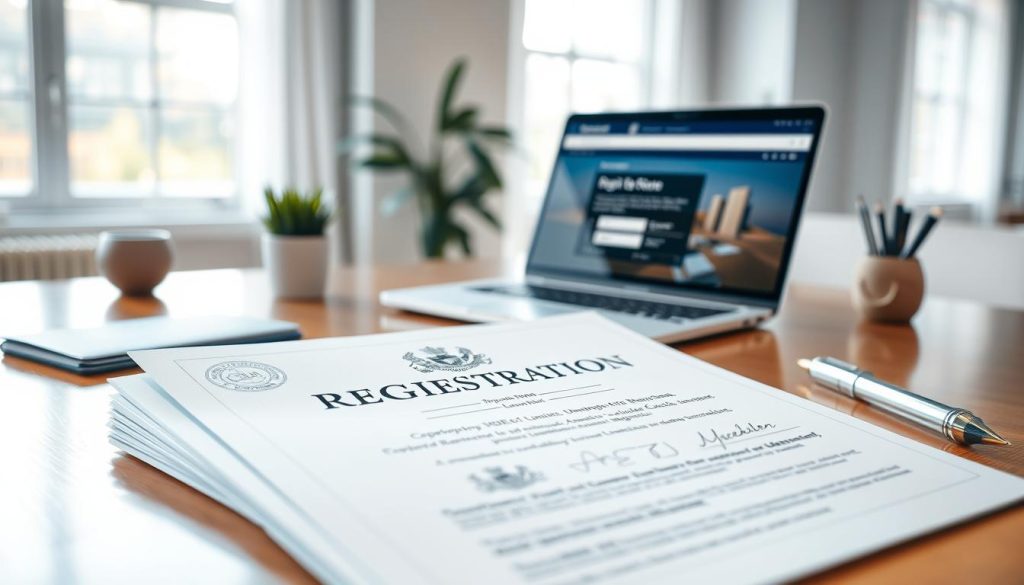 A detailed image of a "Company Registration Document" styled as a formal and professional scene. In the foreground, a neatly arranged stack of official paperwork, showcasing the company registration document with elegant typography, a company seal, and a watermark. In the middle ground, a polished wooden desk with a laptop opened to a government website for business registrations. A classy pen and a small potted plant add an organic touch. The background features a blurred office environment with soft, natural light filtering through large windows, creating a bright and inspiring atmosphere. The image conveys professionalism and diligence, making it suitable for business contexts.