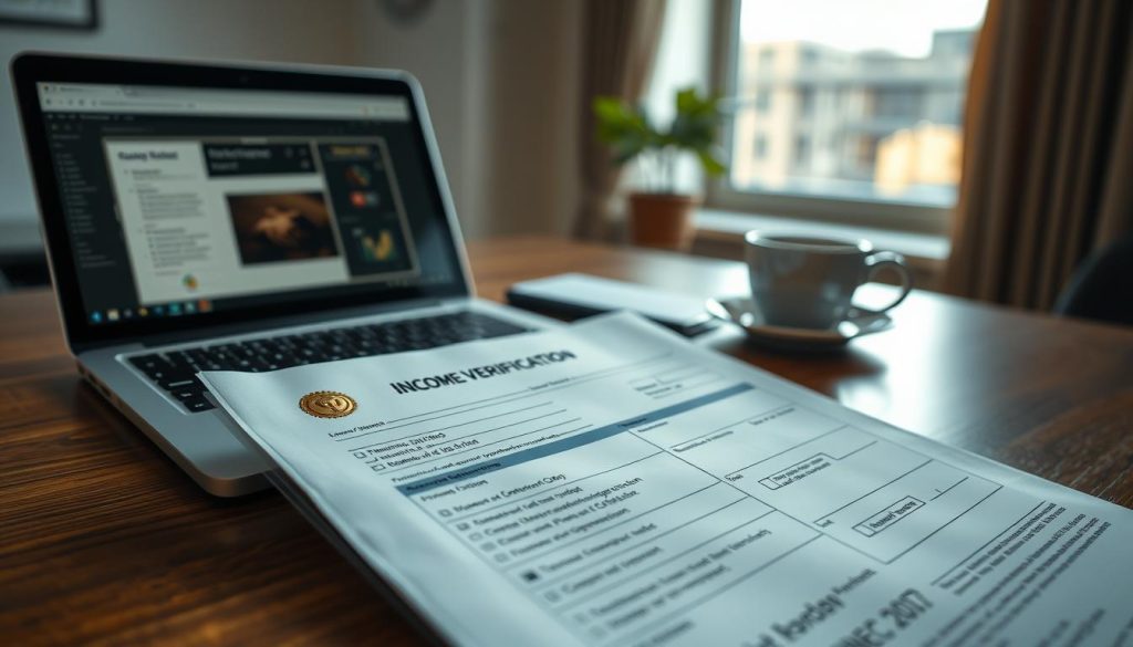 A detailed image showcasing an income verification document (收入證明) on a sleek wooden desk. In the foreground, the document is prominently displayed, showing sections such as salary details and employer contact information, with a gold seal for authenticity. The middle ground includes a modern laptop open to a financial application page, with a cup of coffee nearby, evoking a professional setting. In the background, soft focus reveals a window with natural light streaming in, casting a warm glow. The atmosphere conveys a sense of urgency and professionalism, reflecting the challenges of securing a mortgage with incomplete or unstable income proof. The overall lighting is bright yet inviting, emphasizing clarity without distraction.