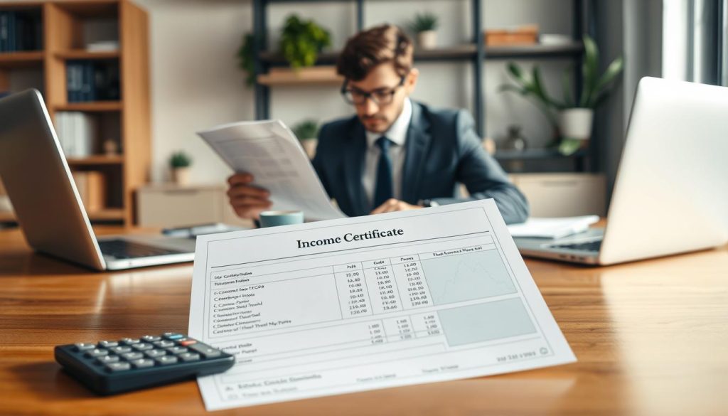 A detailed income certificate, showing figures and data clearly, occupies the foreground of the image. The certificate is neatly arranged on a polished wooden desk, with a laptop and a calculator beside it, creating a professional atmosphere. In the middle, a business professional dressed in formal attire is intently reviewing the document, surrounded by a few financial reports and a cup of coffee, hinting at a business setting. The background features soft office lighting, with shelves of books and potted plants adding warmth. Use a shallow depth of field to keep the focus on the income certificate and the professional, conveying a mood of diligence and financial responsibility. The overall composition should inspire a sense of trust and professionalism.