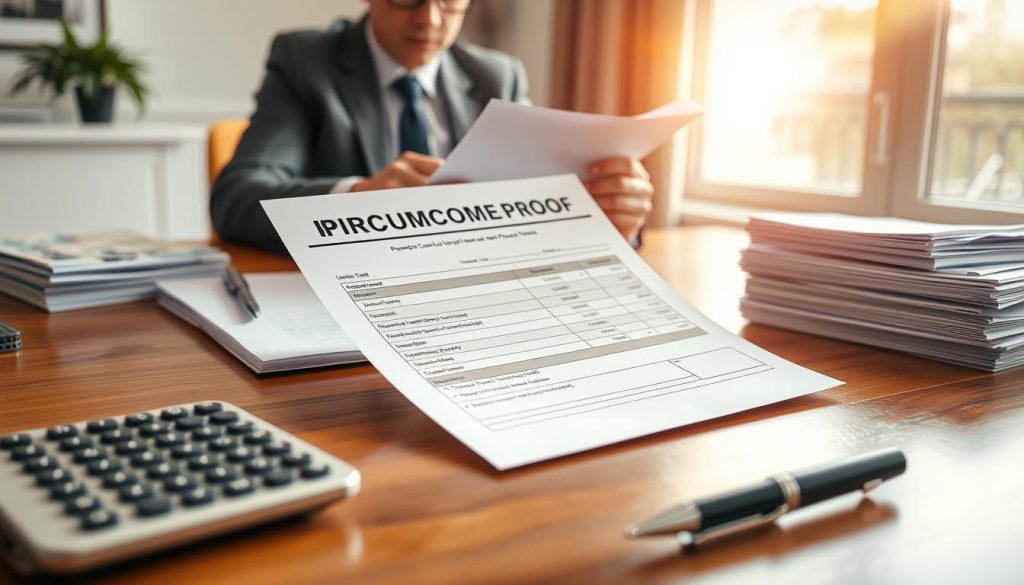 A detailed income proof document displayed on a polished wooden desk, surrounded by a few essential financial items, such as a calculator, a pen, and a stack of neatly organized bank statements. In the background, softly blurred, a person in business attire, focused on reviewing the document, adds a professional atmosphere. Warm, natural lighting from a nearby window creates a welcoming ambiance, with a slight lens flare effect emphasizing the light source. The image should convey a sense of preparation and seriousness, reflecting the importance of financial documentation in securing a loan. The overall mood is one of diligence and professionalism, with no text, logos, or distracting elements present. A detailed income proof document displayed on a polished wooden desk, surrounded by a few essential financial items, such as a calculator, a pen, and a stack of neatly organized bank statements. In the background, softly blurred, a person in business attire, focused on reviewing the document, adds a professional atmosphere. Warm, natural lighting from a nearby window creates a welcoming ambiance, with a slight lens flare effect emphasizing the light source. The image should convey a sense of preparation and seriousness, reflecting the importance of financial documentation in securing a loan. The overall mood is one of diligence and professionalism, with no text, logos, or distracting elements present.