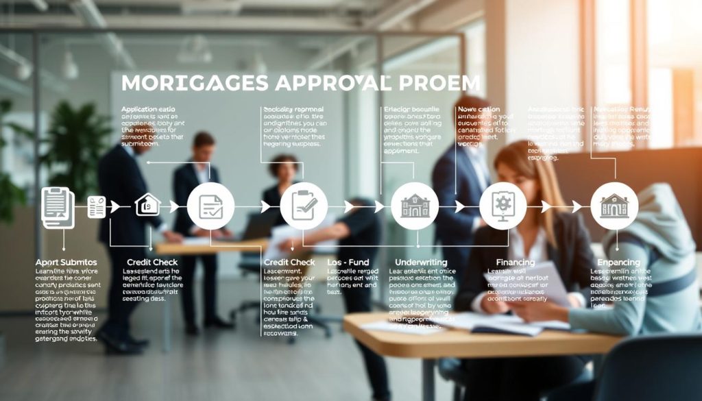 A detailed infographic illustrating the steps of a mortgage loan approval process, highlighting each stage from application submission to fund disbursement. The foreground features a clear, well-organized flowchart with icons and symbols representing different steps such as document submission, credit check, underwriting, and financing. The middle section includes professional individuals dressed in business attire, engaging in discussions and reviewing documents, ensuring a collaborative atmosphere. In the background, a modern office setting with computers and paperwork to signify a business environment. The overall lighting is bright and engaging, creating an informative and professional mood, while maintaining clarity for an educational purpose. The composition is visually balanced, allowing viewers to easily follow the process without distractions.