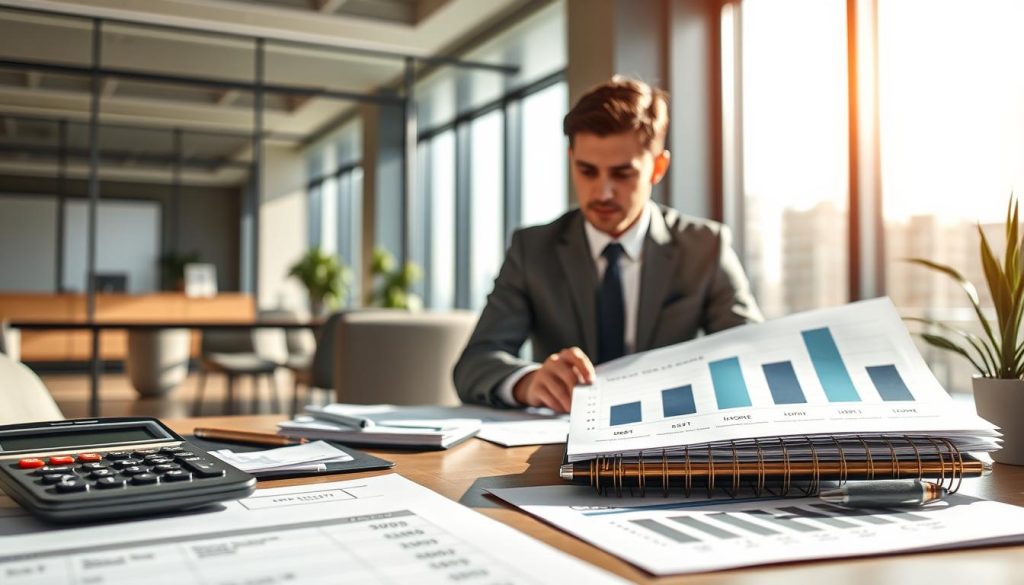 A detailed, informative visual representation of "debt-to-income ratio" (負債比計算) in a professional setting. In the foreground, a well-organized desk featuring a calculator, documents, and charts with bar graphs illustrating debt and income comparisons. In the middle ground, a business professional in formal attire is analyzing the data, showing a focused expression. In the background, a sleek modern office with large windows allowing natural light to flood the scene, creating a bright and inviting atmosphere. The sunlight casts soft shadows, enhancing the clarity of the documents and charts. The overall mood should feel insightful and analytical, emphasizing the connection between personal credit and mortgage applications. A detailed, informative visual representation of "debt-to-income ratio" (負債比計算) in a professional setting. In the foreground, a well-organized desk featuring a calculator, documents, and charts with bar graphs illustrating debt and income comparisons. In the middle ground, a business professional in formal attire is analyzing the data, showing a focused expression. In the background, a sleek modern office with large windows allowing natural light to flood the scene, creating a bright and inviting atmosphere. The sunlight casts soft shadows, enhancing the clarity of the documents and charts. The overall mood should feel insightful and analytical, emphasizing the connection between personal credit and mortgage applications.