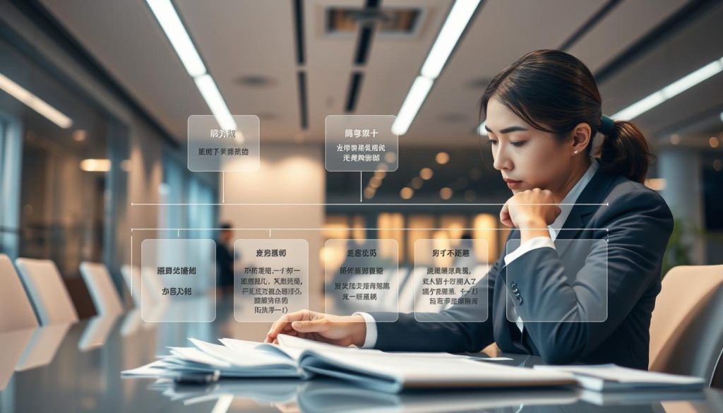 A detailed, organized visual representation of a loan review process titled "審核流程". In the foreground, feature a professional-looking individual in business attire thoughtfully analyzing documents on a desk, surrounded by a modern office setting. In the middle ground, include a transparent flowchart illustrating key steps of the loan review process, such as application submission, document verification, risk assessment, and approval stages. In the background, display a sleek, high-tech office environment with soft, warm lighting that conveys a sense of professionalism and transparency. The angle should be slightly elevated, showcasing both the individual and the flowchart clearly. The overall atmosphere should be focused and serious, emphasizing the importance of diligence in the loan approval process.