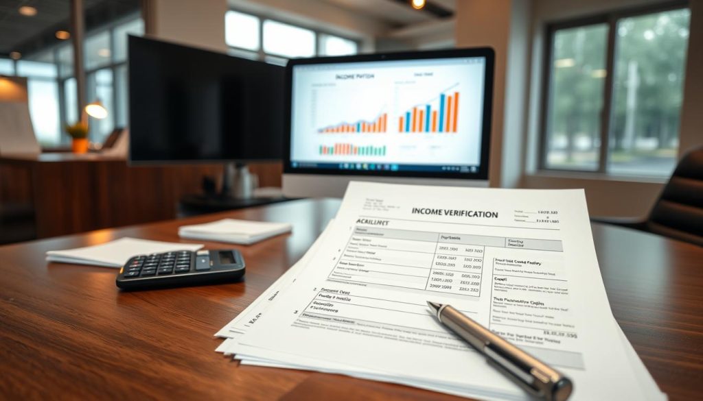 A detailed, professional income verification document displayed prominently on a sleek wooden desk. In the foreground, a neatly organized stack of financial documents, including payslips and bank statements, is arranged next to a silver pen and a calculator. In the middle ground, a computer screen shows graphs and charts representing income and debt ratio, subtly illuminated by soft, warm desk lighting. In the background, an office setting with large windows that allow natural light to flood in, enhancing the atmosphere of transparency and professionalism. The overall mood conveys a sense of trust and diligence, inviting viewers to reflect on the importance of income verification in financial assessments. A detailed, professional income verification document displayed prominently on a sleek wooden desk. In the foreground, a neatly organized stack of financial documents, including payslips and bank statements, is arranged next to a silver pen and a calculator. In the middle ground, a computer screen shows graphs and charts representing income and debt ratio, subtly illuminated by soft, warm desk lighting. In the background, an office setting with large windows that allow natural light to flood in, enhancing the atmosphere of transparency and professionalism. The overall mood conveys a sense of trust and diligence, inviting viewers to reflect on the importance of income verification in financial assessments.