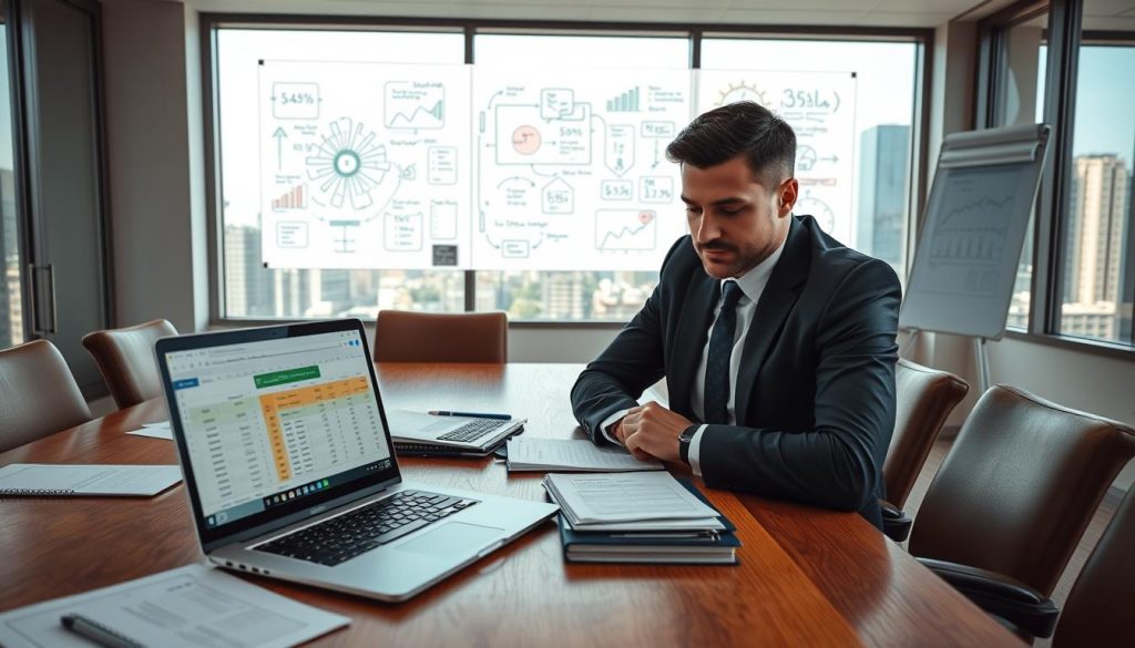 A detailed, professional meeting room with a wooden conference table at the center, filled with financial documents, graphs, and a laptop displaying a cash flow management spreadsheet. In the foreground, a confident business professional in smart attire, focusing intently on the laptop screen, taking notes on a notepad. In the middle ground, a whiteboard filled with diagrams and figures related to financial planning, creating an engaging atmosphere of preparation. In the background, large windows offer natural light flooding the room, with an urban skyline view, giving a sense of a modern financial setting. The mood is serious yet optimistic, reflecting the importance of thorough financial preparation before engaging with bank loans. A detailed, professional meeting room with a wooden conference table at the center, filled with financial documents, graphs, and a laptop displaying a cash flow management spreadsheet. In the foreground, a confident business professional in smart attire, focusing intently on the laptop screen, taking notes on a notepad. In the middle ground, a whiteboard filled with diagrams and figures related to financial planning, creating an engaging atmosphere of preparation. In the background, large windows offer natural light flooding the room, with an urban skyline view, giving a sense of a modern financial setting. The mood is serious yet optimistic, reflecting the importance of thorough financial preparation before engaging with bank loans.
