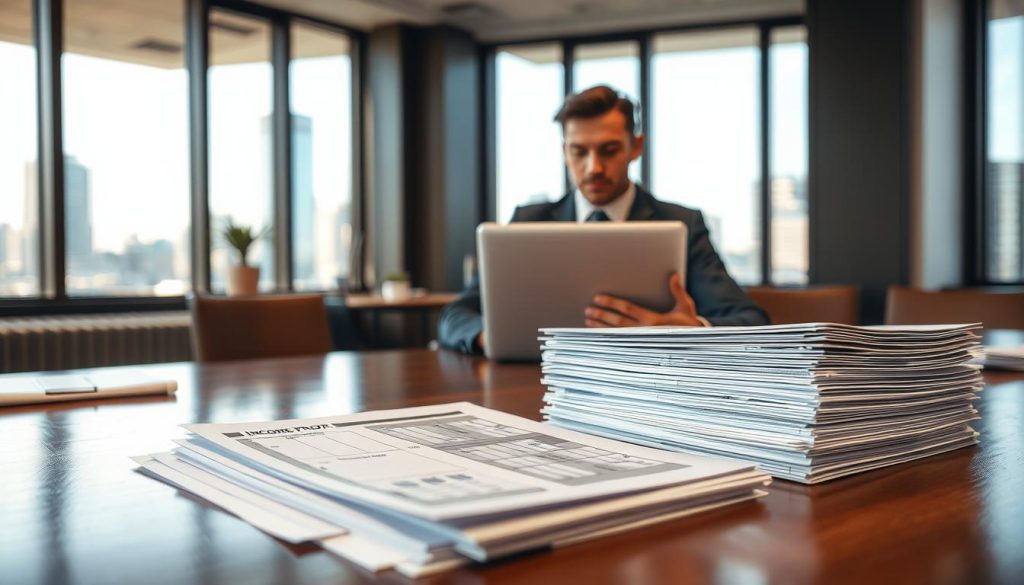 A detailed scene depicting a professional office environment focused on financial documentation. In the foreground, a neat stack of financial documents and income proof papers, including pay stubs and bank statements, are prominently displayed on a polished wooden desk. In the middle, a businessperson in a tailored suit, seated with a laptop open, reviewing the documents with a focused expression. In the background, a large window reveals a cityscape, letting in soft, natural light that creates a warm, inviting atmosphere. The overall mood is one of diligence and professionalism, suggesting a strategic preparation for loan application success. The image should have a clean and modern aesthetic, with a shallow depth of field to draw attention to the foreground documentation.