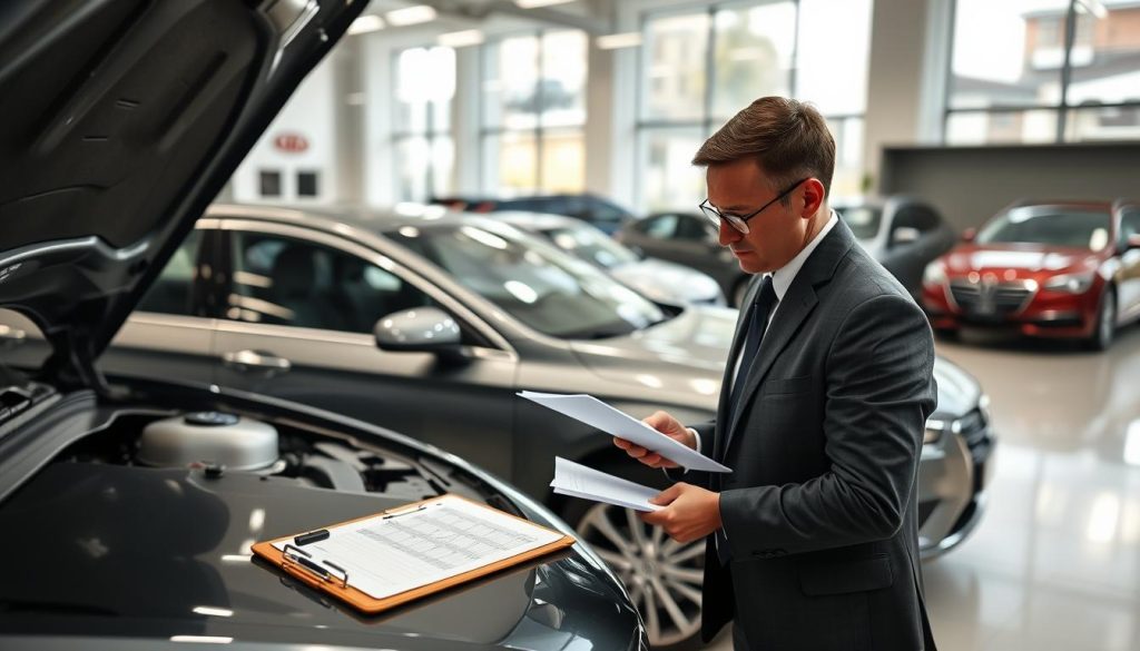 A detailed scene depicting a professional vehicle appraisal setting. In the foreground, a business professional in smart attire examines a sleek, modern car with an open hood, showing the engine. Their focused expression reflects diligence in assessing the vehicle's condition. In the middle ground, a clipboard with notes on vehicle specifications and market value is resting on a table next to the car. The background features a neatly organized car dealership with various vehicles on display, and a bright, inviting ambiance created by soft, natural lighting coming through large windows. The atmosphere should convey professionalism and attentiveness, emphasizing the importance of car condition evaluation in the appraisal process.