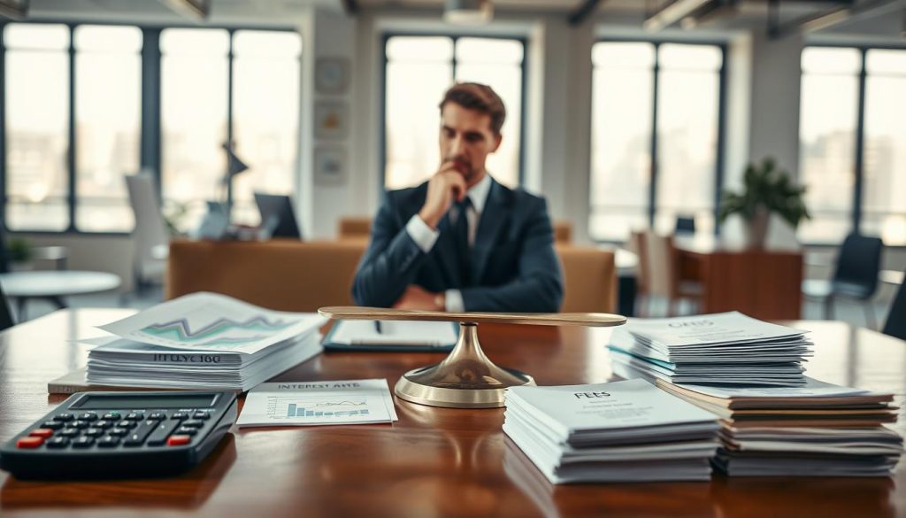 A detailed scene depicting the abstract concept of "interest rates and costs." In the foreground, display a polished wooden desk with a calculator, charts illustrating rising and falling interest rates, and stacks of documents labeled with fees. In the middle, showcase an elegant business professional in smart attire, analyzing the charts with a thoughtful expression, surrounded by a balance scale representing the relationship between costs and interest rates. In the background, include a blurry office setting with large windows letting in bright, natural light, casting soft shadows over the workspace. The atmosphere should be one of professionalism and contemplation, emphasizing the importance of understanding how costs affect repayment amounts. A detailed scene depicting the abstract concept of "interest rates and costs." In the foreground, display a polished wooden desk with a calculator, charts illustrating rising and falling interest rates, and stacks of documents labeled with fees. In the middle, showcase an elegant business professional in smart attire, analyzing the charts with a thoughtful expression, surrounded by a balance scale representing the relationship between costs and interest rates. In the background, include a blurry office setting with large windows letting in bright, natural light, casting soft shadows over the workspace. The atmosphere should be one of professionalism and contemplation, emphasizing the importance of understanding how costs affect repayment amounts.