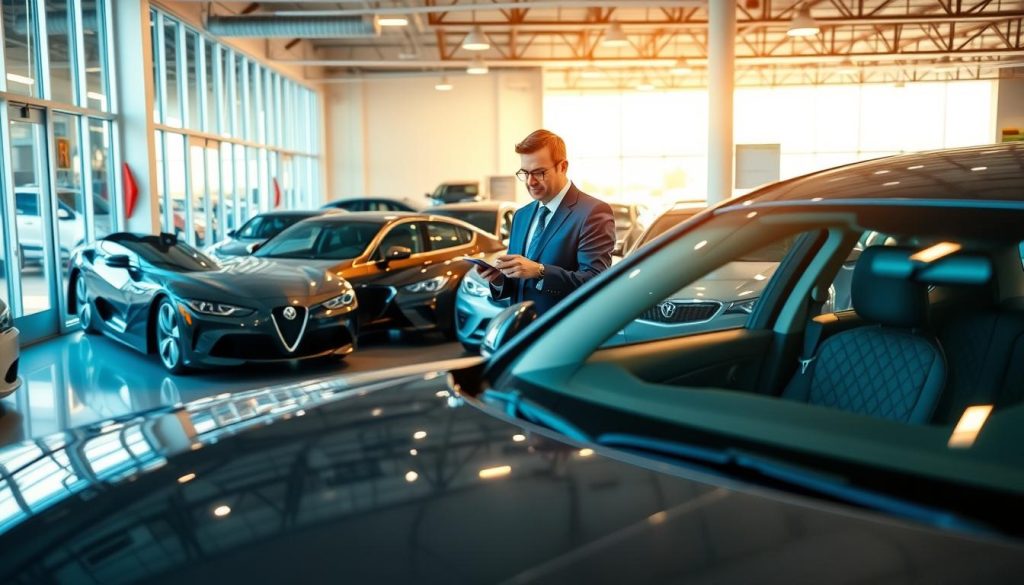A detailed scene inside a modern auto dealership featuring a well-maintained used car in the foreground, showcasing its sleek lines and glossy finish. In the middle ground, a professional consultant in a smart business suit is engaged in conversation with a potential buyer, both examining the car's interior and discussing aspects like age and condition. The background reveals a variety of other used cars on display, neatly arranged under bright, warm lighting that emphasizes the cars' features. The atmosphere is informative and hopeful, with a sense of trust and professionalism in the air. The angle captures the essence of car evaluation, focusing on the interaction and decision-making process. No text or watermarks are present, ensuring clarity of the image.