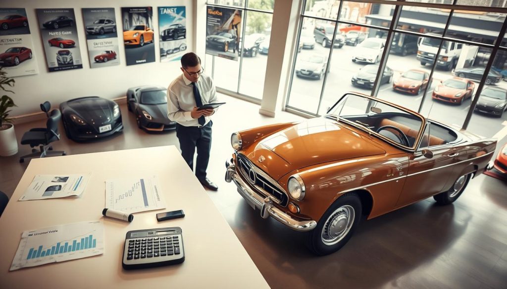 A detailed, serene scene depicting the concept of "residual value assessment" in the context of used cars. In the foreground, a professional consultant in business attire is examining a vintage car with a clipboard in hand, analyzing its condition. The middle section features a clean table with a calculator, car manuals, and charts indicating value depreciation over time. In the background, a well-lit office space filled with automotive posters and a large window showcasing a street with various cars parked outside. The lighting is soft and warm, creating an approachable atmosphere, while the focus is slightly blurred on the background to emphasize the professional assessment happening in the foreground. A detailed, serene scene depicting the concept of "residual value assessment" in the context of used cars. In the foreground, a professional consultant in business attire is examining a vintage car with a clipboard in hand, analyzing its condition. The middle section features a clean table with a calculator, car manuals, and charts indicating value depreciation over time. In the background, a well-lit office space filled with automotive posters and a large window showcasing a street with various cars parked outside. The lighting is soft and warm, creating an approachable atmosphere, while the focus is slightly blurred on the background to emphasize the professional assessment happening in the foreground.