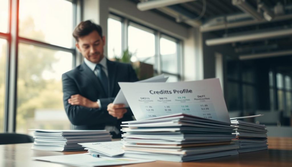 A detailed visual representation of a "Credit Profile" in a professional setting. In the foreground, a confident business person wearing formal attire is analyzing financial documents. Their expression is focused, reflecting seriousness and professionalism. In the middle ground, stacked documents and charts display various credit scores and debt levels, symbolizing financial complexity. The background features a modern office with large windows, letting in soft natural light that creates a warm and inviting atmosphere. This setting conveys a sense of trust and reliability. The camera angle is slightly tilted to give a dynamic view, drawing attention to the business person and the financial materials, emphasizing the theme of creditworthiness and financial responsibility. A detailed visual representation of a "Credit Profile" in a professional setting. In the foreground, a confident business person wearing formal attire is analyzing financial documents. Their expression is focused, reflecting seriousness and professionalism. In the middle ground, stacked documents and charts display various credit scores and debt levels, symbolizing financial complexity. The background features a modern office with large windows, letting in soft natural light that creates a warm and inviting atmosphere. This setting conveys a sense of trust and reliability. The camera angle is slightly tilted to give a dynamic view, drawing attention to the business person and the financial materials, emphasizing the theme of creditworthiness and financial responsibility.