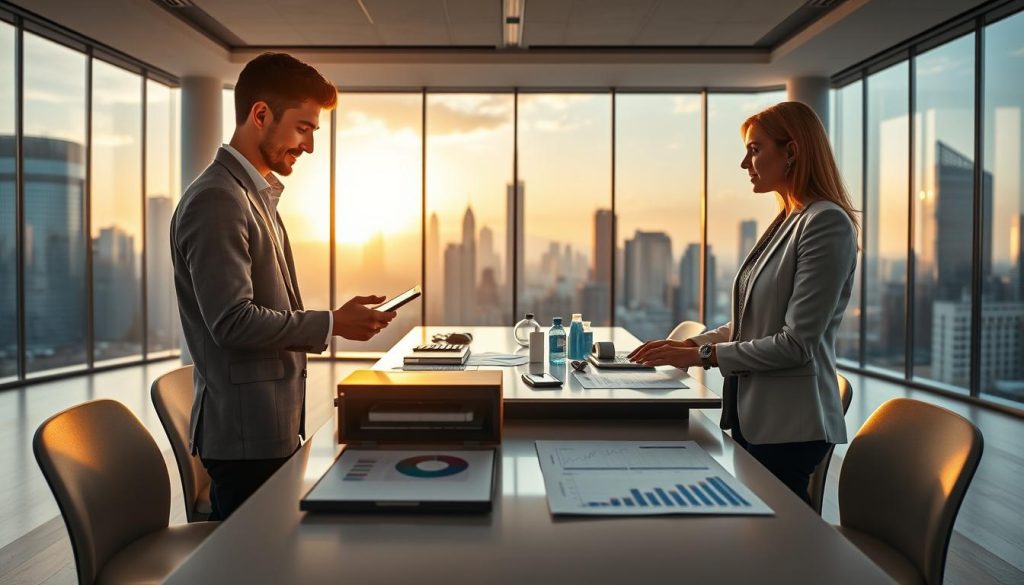 A detailed visual representation of a cooperative framework between a matchmaking platform and banks, illustrating common collaboration structures. In the foreground, depict two professional people, one representing a matchmaking platform wearing smart casual attire, and the other representing a bank dressed in formal business wear, engaged in a dynamic discussion over a digital device. In the middle ground, display a modern, sleek conference table surrounded by high-tech gadgets, charts, and graphs. In the background, large windows showcase a bustling city skyline during the golden hour, casting warm light into the room, enhancing the atmosphere of innovation and teamwork. Use a wide-angle lens to capture the openness of the space, emphasizing collaboration and synergy in the business environment. The mood should be optimistic and forward-looking. A detailed visual representation of a cooperative framework between a matchmaking platform and banks, illustrating common collaboration structures. In the foreground, depict two professional people, one representing a matchmaking platform wearing smart casual attire, and the other representing a bank dressed in formal business wear, engaged in a dynamic discussion over a digital device. In the middle ground, display a modern, sleek conference table surrounded by high-tech gadgets, charts, and graphs. In the background, large windows showcase a bustling city skyline during the golden hour, casting warm light into the room, enhancing the atmosphere of innovation and teamwork. Use a wide-angle lens to capture the openness of the space, emphasizing collaboration and synergy in the business environment. The mood should be optimistic and forward-looking.