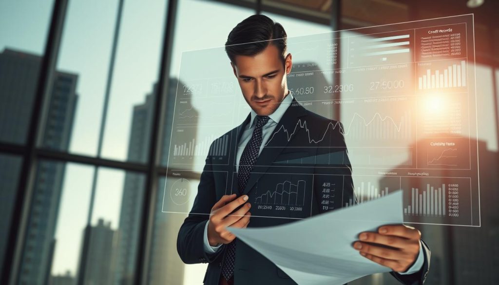 A detailed visual representation of "聯徵" focusing on the theme of credit records and potential pitfalls. In the foreground, a confident businessperson in professional attire, reviewing documents with a serious expression, symbolizing diligence and caution. The middle ground features a large, semi-transparent digital display showcasing complex graphs and data related to credit history and financial metrics. In the background, out-of-focus silhouettes of buildings evoke a corporate environment, with soft, diffused sunlight filtering through large windows, creating a warm, serious mood. The overall composition should convey a sense of professionalism, urgency, and the hidden dangers of seemingly valid credit qualifications, captured from a slightly elevated perspective for depth.
