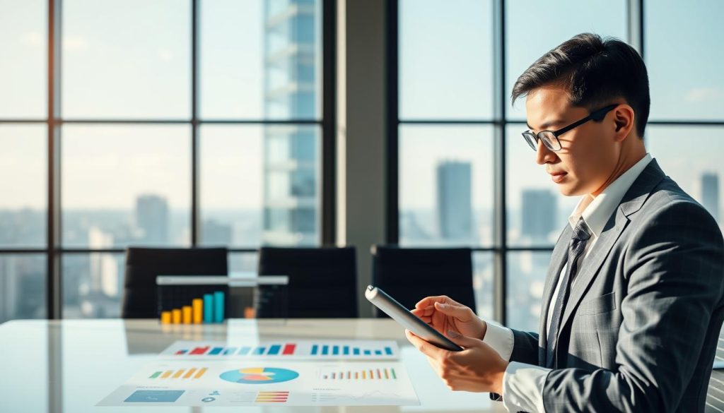 A detailed visualization of a bank scoring system in a modern office environment. In the foreground, a professional businessperson, dressed in formal attire, analyzes data on a digital tablet. The middle section features a sleek, modern conference table with charts showing key factors affecting bank scoring—like interest rates, credit history, and repayment ability—displayed through colorful graphs and pie charts. The background consists of large glass windows revealing a city skyline, with soft, natural lighting streaming in to create an optimistic atmosphere. The image captures a sense of professionalism and analytical clarity, emphasizing the importance of understanding critical factors and their weights in banking decisions. The focus is sharp, with a subtle depth of field effect to draw attention to the analysis. A detailed visualization of a bank scoring system in a modern office environment. In the foreground, a professional businessperson, dressed in formal attire, analyzes data on a digital tablet. The middle section features a sleek, modern conference table with charts showing key factors affecting bank scoring—like interest rates, credit history, and repayment ability—displayed through colorful graphs and pie charts. The background consists of large glass windows revealing a city skyline, with soft, natural lighting streaming in to create an optimistic atmosphere. The image captures a sense of professionalism and analytical clarity, emphasizing the importance of understanding critical factors and their weights in banking decisions. The focus is sharp, with a subtle depth of field effect to draw attention to the analysis.
