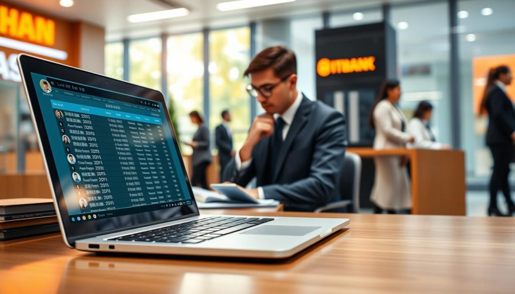 A detailed visualization of a "申貸名單" in a modern banking context. In the foreground, display a sleek, open laptop showing a digital loan application list, with rows of data and small profile pictures representing applicants. In the middle, a professional banker in business attire is seated at a desk, thoughtfully analyzing the screen, surrounded by documents and a smartphone. The background features a vibrant bank branch with large windows, soft natural light streaming in, and customers in business casual attire waiting in line. The atmosphere is focused and professional, conveying the importance of loan processing and the interconnectedness between systems and branches. Shot with a slight depth of field to emphasize the laptop and banker, creating a clear, engaging image that reflects the efficiency and seriousness of loan applications.