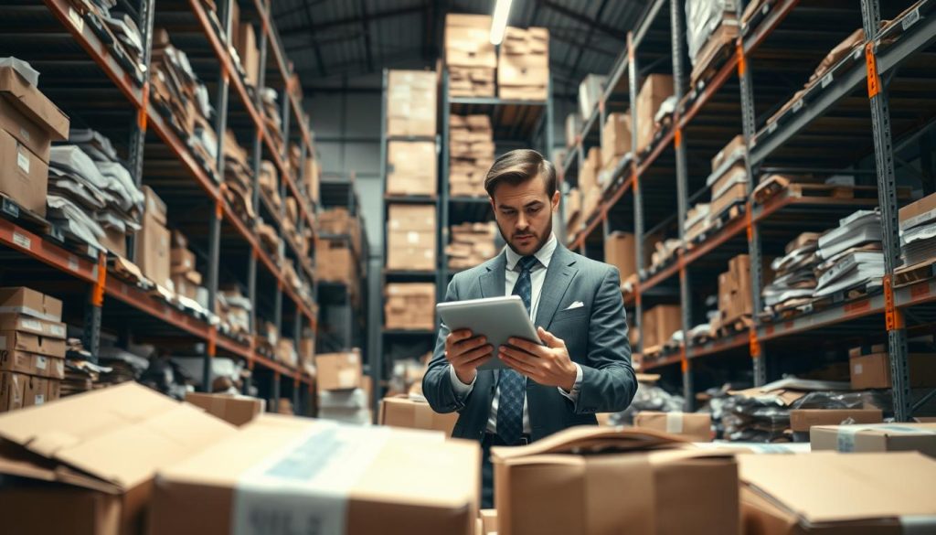 A detailed warehouse scene illustrating inventory management challenges, with various shelves filled with disorganized boxes and packing materials in the foreground. In the middle, a professional-looking person in business attire furrows their brow while examining inventory records on a tablet, surrounded by scattered packing supplies and mismatched items. The background features a tall industrial shelving unit, partially filled, under bright fluorescent lighting that casts sharp shadows, creating a sense of urgency and confusion. The atmosphere is tense and chaotic, reflecting operational risks due to mismatched inventory and packaging management. Use a slight low-angle perspective to emphasize the height of the shelves, maintaining a focus on the individual and their concerns about inventory mismanagement.