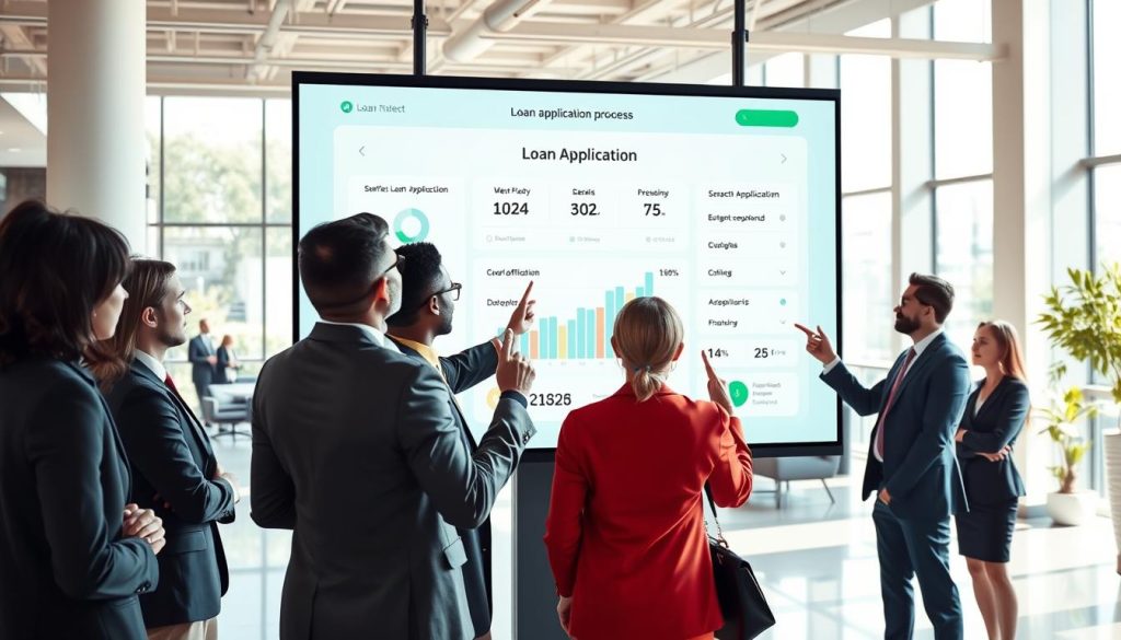 A digital illustration of a modern loan matching platform interface, showcasing a seamless application process. In the foreground, a diverse group of professionals, dressed in smart business attire, are engaged in discussions while pointing at a large touchscreen displaying the loan application progress (“案件進度”). The middle layer features a clean, user-friendly interface with graphs and progress bars depicting efficiency and workflow improvements. The background includes a bright, open office space with large windows, allowing natural light to cast soft shadows, creating a warm and inviting atmosphere. The overall mood is one of professionalism and collaboration, emphasizing innovation and efficiency in financial applications. Use a slight tilt from a dynamic angle to enhance depth and engagement. A digital illustration of a modern loan matching platform interface, showcasing a seamless application process. In the foreground, a diverse group of professionals, dressed in smart business attire, are engaged in discussions while pointing at a large touchscreen displaying the loan application progress (“案件進度”). The middle layer features a clean, user-friendly interface with graphs and progress bars depicting efficiency and workflow improvements. The background includes a bright, open office space with large windows, allowing natural light to cast soft shadows, creating a warm and inviting atmosphere. The overall mood is one of professionalism and collaboration, emphasizing innovation and efficiency in financial applications. Use a slight tilt from a dynamic angle to enhance depth and engagement.
