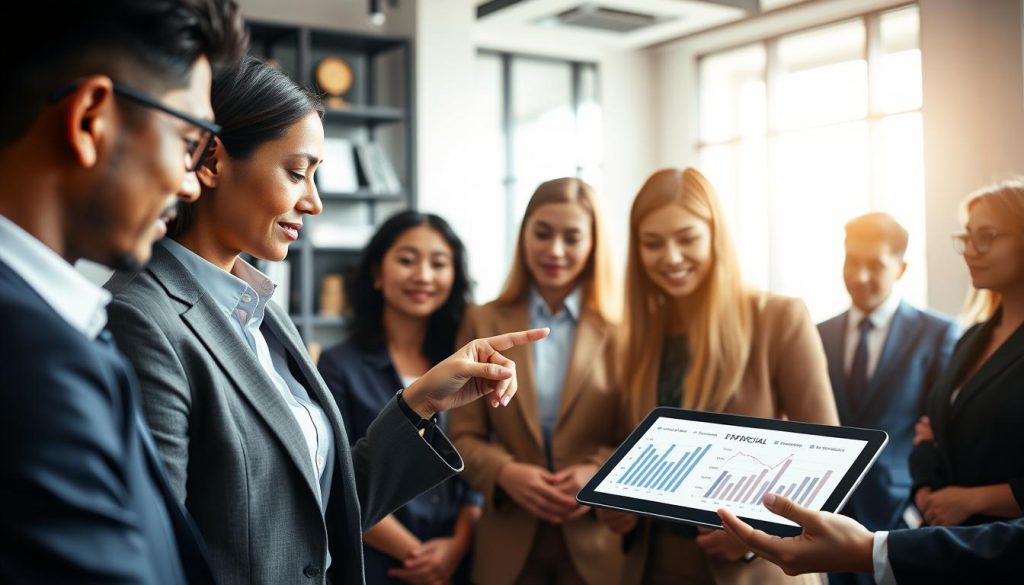 A diverse group of professional individuals engaged in a focused discussion around a digital tablet displaying financial graphs and loan approval data. In the foreground, a confident businesswoman in formal attire points at the screen, engaging her colleagues who are attentively listening. The middle ground features a sleek and modern office setting, with large windows letting in natural sunlight, creating a warm atmosphere. In the background, blurred shelves with financial books and awards suggest expertise and credibility. The lighting is bright yet soft, highlighting the collaboration while casting gentle shadows. The overall mood is one of determination and insight, emphasizing the impact of matchmaking platforms on loan approval processes.