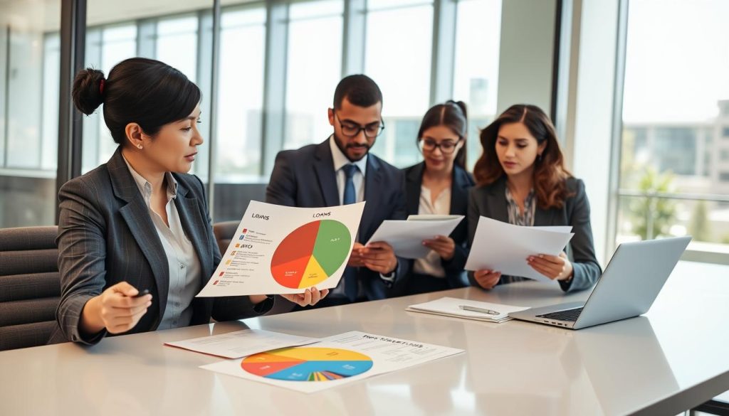 A diverse group of professionals is gathered around a sleek conference table, engaged in a discussion about various types of loans. In the foreground, a middle-aged Asian woman in a smart business suit presents loan documents while pointing to a colorful pie chart showcasing different loan types, such as personal, auto, and mortgage loans. In the middle, a young African-American man in formal wear is taking notes on a laptop, while a Caucasian woman with glasses reviews financial statements. The background features a modern office environment with large windows, allowing natural sunlight to stream in, creating a bright and inspirational atmosphere. The camera angle is slightly elevated, providing a clear view of the interaction and the documents, conveying a sense of professionalism and collaboration.