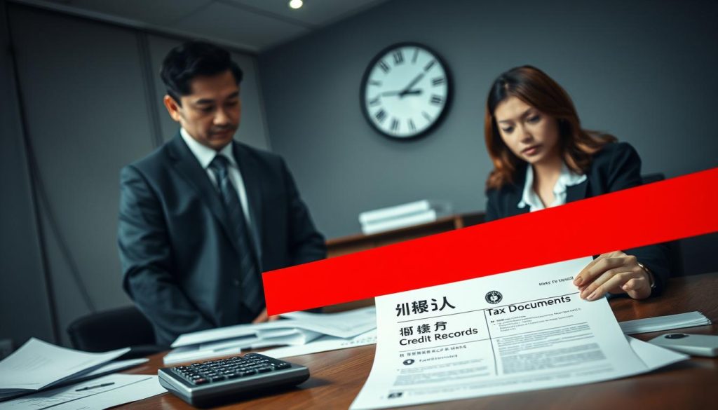 A dramatic scene depicting a professional business environment focused on financial concerns. In the foreground, a male and female business professional in formal attire look seriously at a large red line drawn across a report labeled "信用紀錄" (Credit Records) and "稅務文件" (Tax Documents). The middle ground features a cluttered office desk with scattered papers and a calculator, highlighting stress and urgency. In the background, a softly lit wall clock shows a late hour, emphasizing the time-sensitive nature of financial issues. Bright, focused lighting highlights the red line to symbolize danger or warning, while the rest of the scene is slightly dimmed to evoke a somber, tense atmosphere, reflecting the weight of financial responsibility.