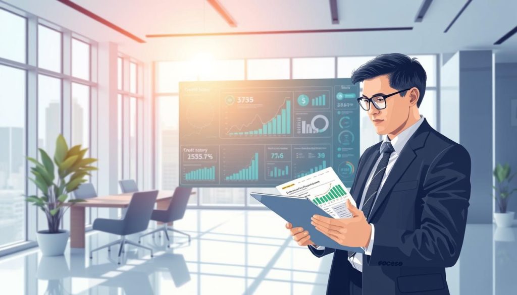 A dynamic and informative illustration depicting a "信用分數" and "聯徵紀錄" scene in a modern office environment. In the foreground, a professional-looking individual dressed in business attire is analyzing a digital report on a tablet, showing graphs and statistics related to credit scores and credit history. In the middle, a large screen displays intricate data visualizations and icons representing financial metrics, suggesting a high-tech atmosphere. In the background, a sleek office setting with large windows allows natural light to filter in, creating a bright and optimistic ambiance. The overall mood conveys professionalism and urgency regarding financial topics, with a color palette of blues and greens to symbolize trust and stability. The image focuses solely on the content without any text or distractions.