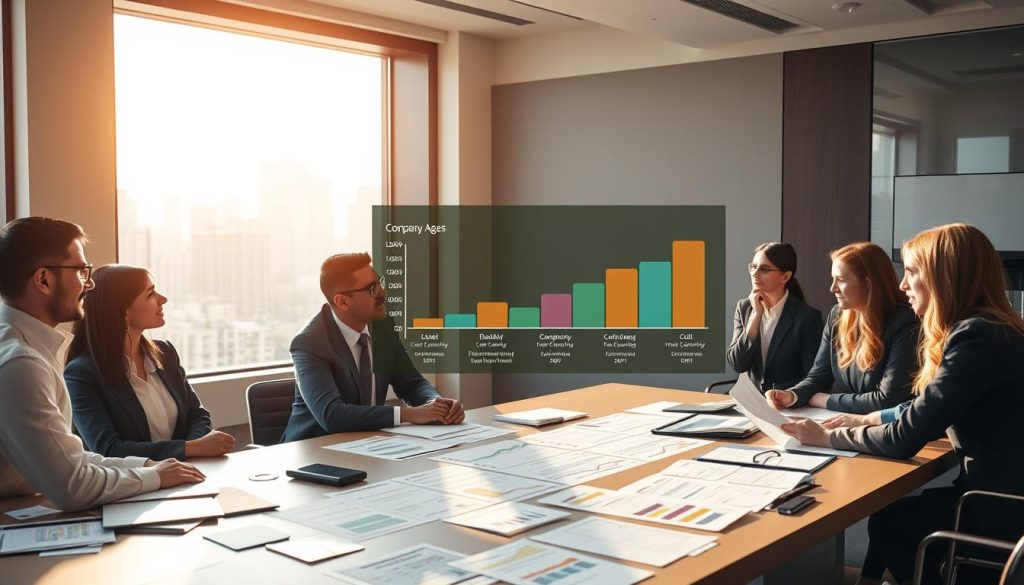 A dynamic and informative scene depicting the concept of corporate loans, highlighting the varying difficulty levels based on company age. In the foreground, a diverse group of professionals in business attire engages in discussion around a large conference table filled with financial documents and graphs. The middle ground features a digital display showing a timeline of company ages and their corresponding loan eligibility, with colorful charts illustrating loan access trends. In the background, modern office windows reveal a bustling city skyline under soft, natural light, casting a professional ambiance. The atmosphere exudes collaboration and insight, with a warm color palette that emphasizes hope and opportunity for business growth. This image should be clear and focused, allowing viewers to grasp the nuanced relationship between company age and loan accessibility.