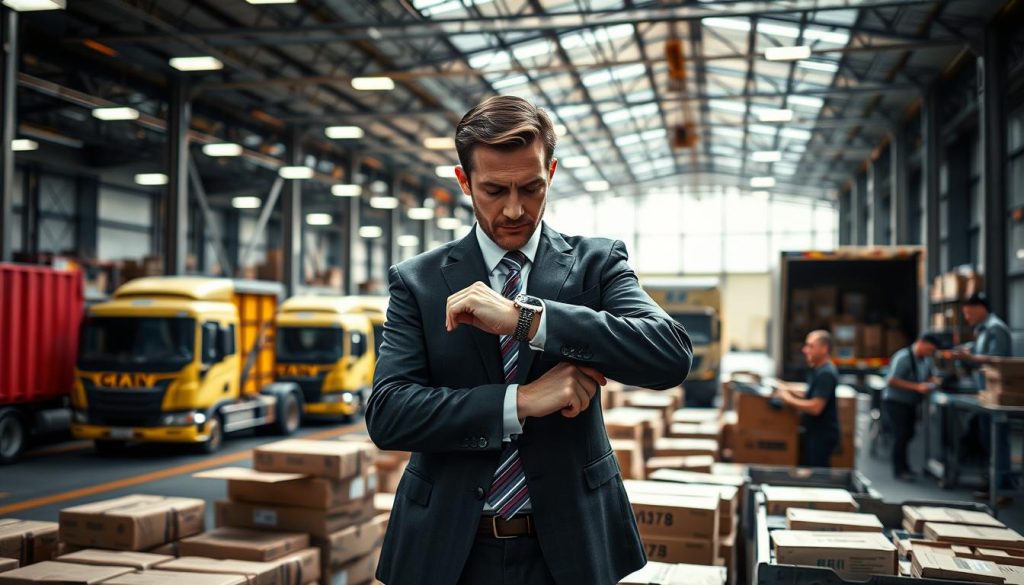 A dynamic logistics scene showcasing the contrast between timely delivery and delays, featuring a busy urban distribution center in the background with trucks loading and unloading packages. In the foreground, a frustrated customer in professional business attire examines their watch, highlighting concerns over delivery delays. The middle ground includes workers efficiently sorting packages and using handheld devices, indicating a fast-paced environment. The setting is illuminated by bright, natural lighting streaming in from large windows, creating a sense of urgency and focus. Capture the tension in the air, reflecting the critical gap between expected service standards and actual logistics performance, emphasizing the impact on customer satisfaction.