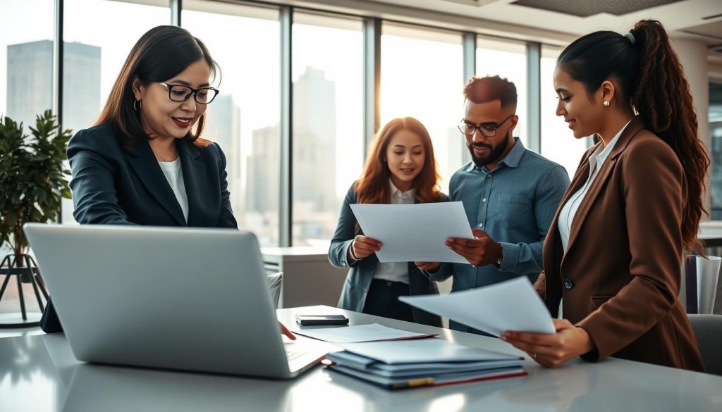 A dynamic office environment showcasing a group of diverse business professionals engaged in a discussion about securing unsecured business loans. In the foreground, a middle-aged Asian woman in business attire is pointing at a digital chart on a laptop, conveying insights. The middle of the image features two young professionals, a black man and a Hispanic woman, analyzing financial documents together, conveying collaboration and teamwork. The background shows a modern office skyline through expansive windows, bathed in natural light, creating an optimistic atmosphere. The scene is shot from a slightly elevated angle to capture the energy and focus of the group. The overall mood is professional and inspiring, highlighting the accessibility of finance solutions in various industries.