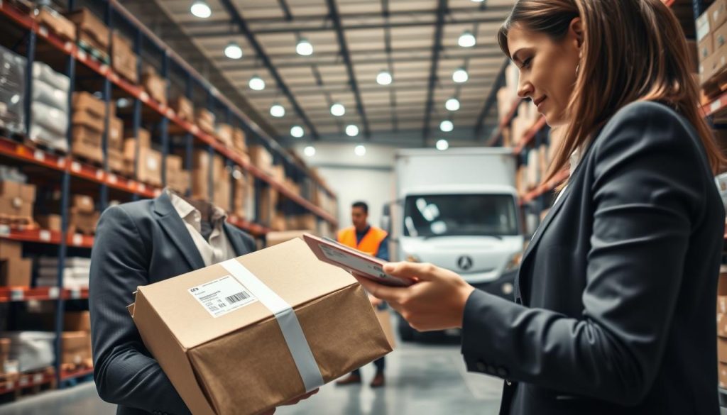 A dynamic scene illustrating the concept of "reverse logistics" for product returns. In the foreground, depict a professional woman in business attire examining a return package, holding a clipboard and tablet with a focus on tracking details. In the middle ground, a warehouse environment shows shelves filled with returned items, with a delivery worker scanning barcodes to process returns efficiently. The background reveals a large delivery truck, waiting to distribute items back to various platforms. The lighting is bright and clear, highlighting the organized chaos of the logistics process, creating a sense of urgency and professionalism. The angle is slightly elevated, capturing the breadth of the operation while focusing on the details of the return logistics. Overall, the mood reflects a busy yet efficient atmosphere, emphasizing the complexities and risks involved in reverse logistics.