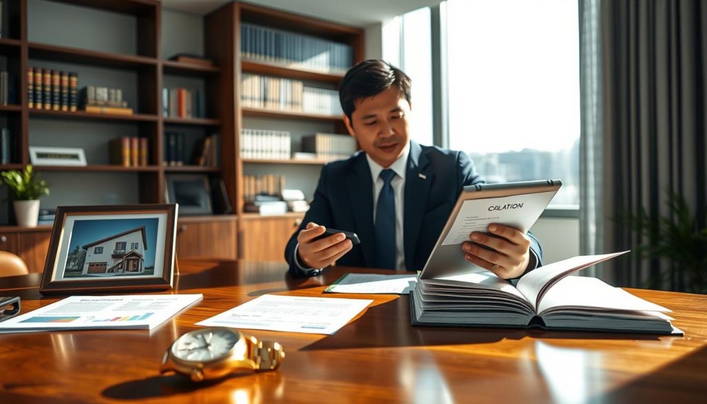 A financial advisor's office, designed with a modern and sophisticated aesthetic, is the setting. In the foreground, a polished wooden desk displays various collateral items such as a sleek gold watch, a framed real estate property photo, and documents detailing asset evaluations. The middle ground features a professional-looking Asian male consultant in a tailored navy suit, reviewing loan options on a tablet. Natural light streams in through large windows, casting soft shadows. In the background, shelves with books on finance and investment create a scholarly atmosphere. The overall mood conveys contemplation and professionalism, emphasizing the importance of selecting the right collateral while balancing cost and risk. The image should be sharp, with a slight depth of field effect, focusing on the consultant's engaged expression. A financial advisor's office, designed with a modern and sophisticated aesthetic, is the setting. In the foreground, a polished wooden desk displays various collateral items such as a sleek gold watch, a framed real estate property photo, and documents detailing asset evaluations. The middle ground features a professional-looking Asian male consultant in a tailored navy suit, reviewing loan options on a tablet. Natural light streams in through large windows, casting soft shadows. In the background, shelves with books on finance and investment create a scholarly atmosphere. The overall mood conveys contemplation and professionalism, emphasizing the importance of selecting the right collateral while balancing cost and risk. The image should be sharp, with a slight depth of field effect, focusing on the consultant's engaged expression.