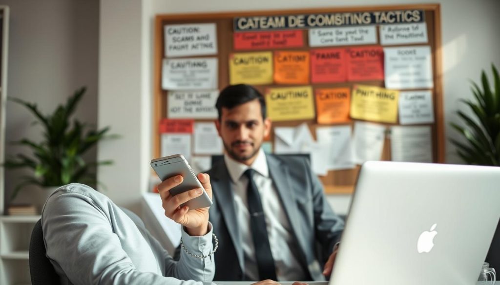 A focused and bright office environment depicts a professional individual, dressed in smart business attire, sitting at a desk with a laptop open and a phone in hand. The foreground features a thoughtful expression, with the background illustrating a wall board filled with cautionary notes about scams and phishing tactics. Soft, natural lighting illuminates the space, creating a professional yet slightly tense mood. The camera angle is slightly above eye level, emphasizing the importance of vigilance in financial communications. Subtle decor elements, such as a plant and a coffee mug, add to the ambiance without overpowering the main subject. Bright, inviting colors suggest a proactive approach to safeguarding against fraud, resonating with the theme of awareness and caution.