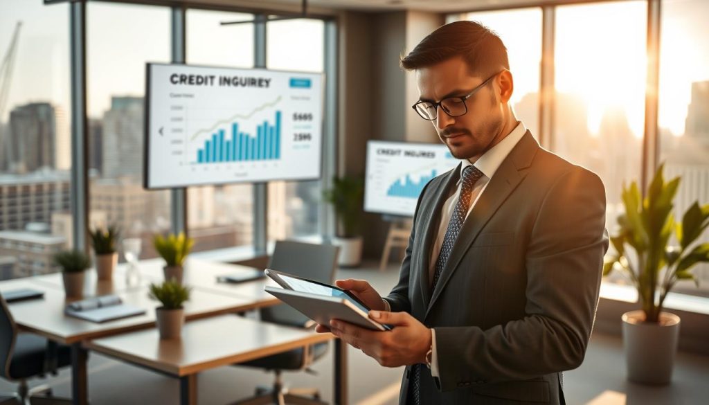 A focused composition illustrating the impact of credit inquiries on credit scores. In the foreground, a confident business professional, dressed in a sharp suit, is analyzing credit score graphs on a modern tablet, showcasing data trends and statistics. In the middle, an office environment with sleek desks, a large screen displaying credit inquiry visuals, and potted plants for a touch of greenery. The background features a contemporary city skyline through large windows, representing economic growth and opportunities. Soft, warm lighting casts a professional atmosphere, while subtle lens flare adds a dynamic element to the image. The overall mood is insightful and empowering, emphasizing clarity in financial understanding.
