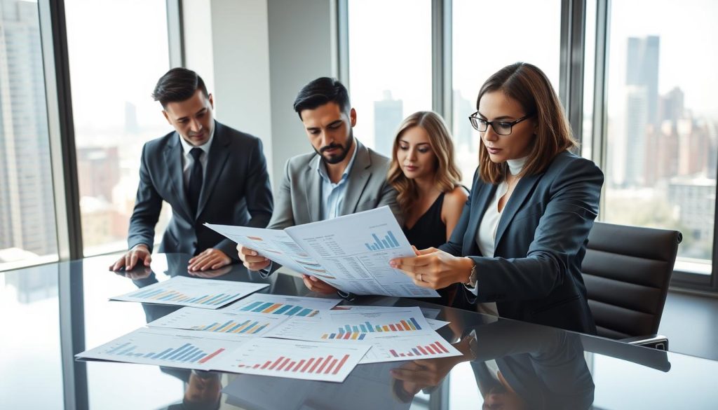 A focused interior scene of a modern office, where a diverse group of three professionals, two men and one woman, all dressed in smart business attire, are engaged in analyzing financial reports. In the foreground, a detailed financial statement is spread out on a sleek conference table, with charts and graphs highlighted in bright colors. The middle ground features the professionals discussing the data, with expressions of concentration and determination, as they point to key figures in the reports. In the background, a large window reveals a city skyline, with natural daylight illuminating the room, creating a sense of transparency and trust. The atmosphere is one of diligence and collaboration, underscoring the analytical approach to demonstrating business capability. A focused interior scene of a modern office, where a diverse group of three professionals, two men and one woman, all dressed in smart business attire, are engaged in analyzing financial reports. In the foreground, a detailed financial statement is spread out on a sleek conference table, with charts and graphs highlighted in bright colors. The middle ground features the professionals discussing the data, with expressions of concentration and determination, as they point to key figures in the reports. In the background, a large window reveals a city skyline, with natural daylight illuminating the room, creating a sense of transparency and trust. The atmosphere is one of diligence and collaboration, underscoring the analytical approach to demonstrating business capability.