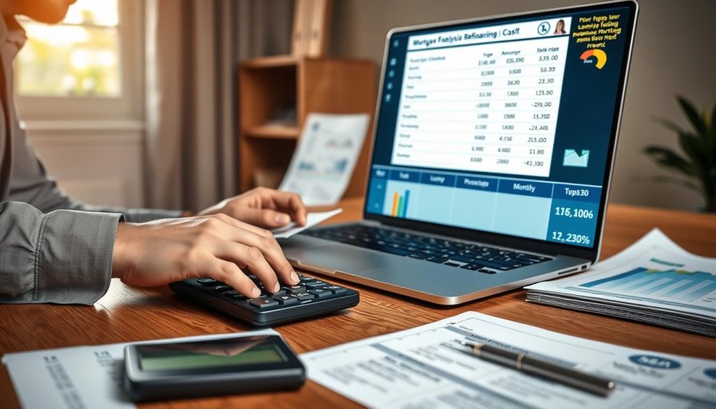 A focused scene illustrating a financial analysis for a mortgage refinancing scenario, with a calculator, charts, and graphs prominently displayed on a wooden desk. In the foreground, a professional wearing business attire is actively engaged in the calculations, showing concentration and diligence. The middle ground features detailed financial documentation and a laptop screen showcasing a loan simulation interface, which includes numerical data on loan amounts, monthly payments, and total costs. The background is softly lit with warm, natural light streaming in through a window, creating a calm and productive atmosphere. The mood is serious yet encouraging, reflecting the importance of financial planning and informed decision-making. A focused scene illustrating a financial analysis for a mortgage refinancing scenario, with a calculator, charts, and graphs prominently displayed on a wooden desk. In the foreground, a professional wearing business attire is actively engaged in the calculations, showing concentration and diligence. The middle ground features detailed financial documentation and a laptop screen showcasing a loan simulation interface, which includes numerical data on loan amounts, monthly payments, and total costs. The background is softly lit with warm, natural light streaming in through a window, creating a calm and productive atmosphere. The mood is serious yet encouraging, reflecting the importance of financial planning and informed decision-making.