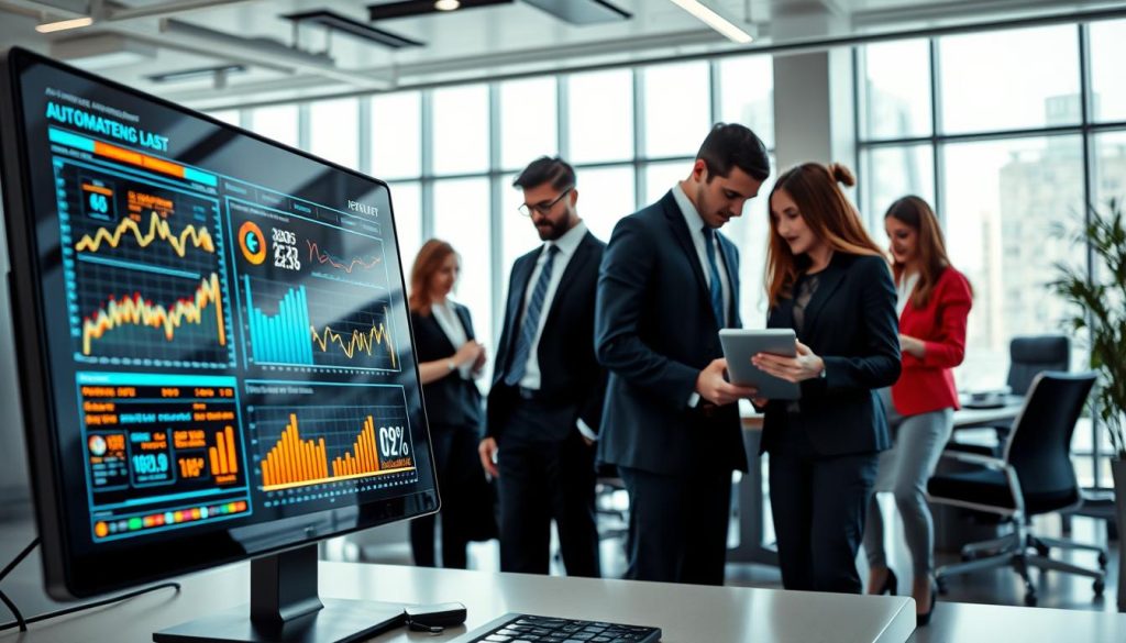 A futuristic office environment, showcasing the contrast between automated loan assessment technology and traditional manual processes. In the foreground, a sleek, high-tech computer screen displays complex data analytics and algorithms, with glowing graphs indicating speed and efficiency. The middle ground features a diverse group of professionals in business attire, engaged in discussions around a digital tablet, emphasizing collaboration in decision-making. The background depicts a bright, modern workspace with large windows allowing natural light to flood the room, symbolizing transparency and trust. The overall mood is focused and innovative, highlighting the theme of rapid automation versus conventional evaluation methods. The image captures the essence of automation in the financial industry, with sharp details and a vibrant color palette to enhance clarity.