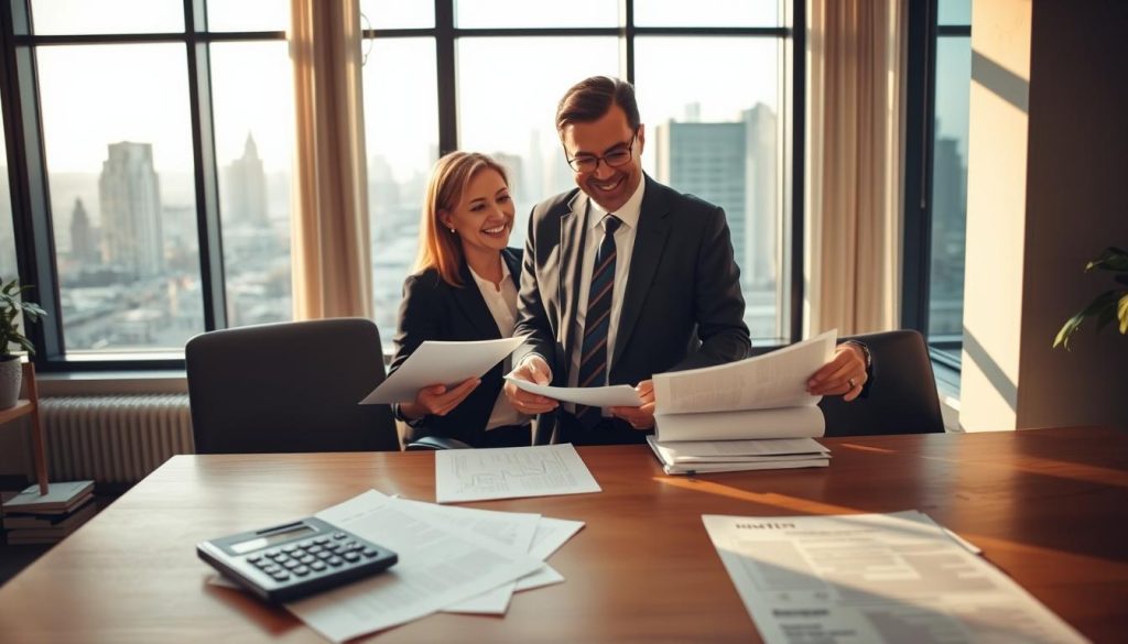 A high-angle view of a professional office setting, featuring a modern wooden desk in the foreground with documents and a calculator scattered over it. In the middle, a financial advisor in smart business attire is discussing mortgage options with a client, both looking engaged and focused. Behind them, large windows allow natural light to pour in, creating a warm, inviting atmosphere. The backdrop features a city skyline, suggesting a thriving urban environment. The image captures a sense of professionalism and trust, emphasizing real estate collateral as a solution. Soft, diffuse lighting enhances the friendly mood, while a slightly blurred focus on the city outside keeps attention on the subjects. A high-angle view of a professional office setting, featuring a modern wooden desk in the foreground with documents and a calculator scattered over it. In the middle, a financial advisor in smart business attire is discussing mortgage options with a client, both looking engaged and focused. Behind them, large windows allow natural light to pour in, creating a warm, inviting atmosphere. The backdrop features a city skyline, suggesting a thriving urban environment. The image captures a sense of professionalism and trust, emphasizing real estate collateral as a solution. Soft, diffuse lighting enhances the friendly mood, while a slightly blurred focus on the city outside keeps attention on the subjects.