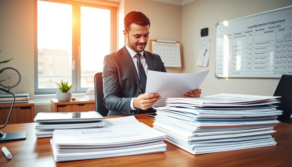 A meticulously organized office setting featuring a modern wooden desk with neatly stacked loan documents, folders labeled for various loan products including personal loans, mortgages, and car loans. In the foreground, a professional individual in business attire is examining a document with a thoughtful expression, surrounded by a digital tablet and a laptop displaying charts on loan data retention. The middle ground shows a wall-mounted calendar and a whiteboard filled with notes on loan retention periods. In the background, a large window allows warm natural light to stream in, casting soft shadows across the room, creating a focused yet welcoming atmosphere that highlights the serious nature of financial documentation. The scene conveys professionalism and clarity.