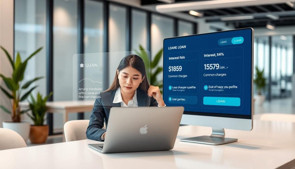 A modern and sleek financial technology office interior, showcasing a digital loan platform interface on a high-resolution screen. In the foreground, a professional young woman in business attire is sitting at a minimalist desk, thoughtfully reviewing loan options on her laptop. The middle ground features a stylized, transparent display of loan fees, interest rates, and common charges, depicted as floating graphics. The background reveals a contemporary office space with soft, diffused lighting and green potted plants, creating an inviting atmosphere. The mood should be one of professionalism and clarity, emphasizing the concept of sensible financial choices. The perspective is slightly angled to showcase both the woman and the digital interface effectively.