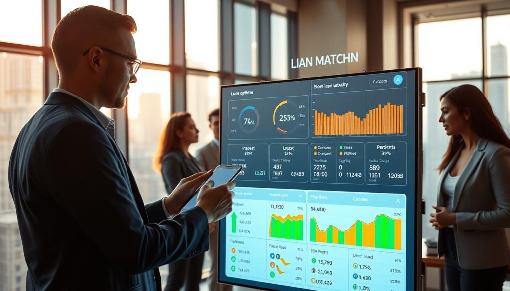 A modern and sleek loan matching platform interface displayed on a large digital screen. In the foreground, a professional individual wearing business attire is examining various loan options, with colorful graphs showing interest rates, loan amounts, and repayment periods vividly illustrated on the screen. The middle ground features a diverse group of professionals engaged in discussion, showcasing collaboration and technology use in a contemporary office setting. The background includes large windows revealing a cityscape, illuminated by soft, natural sunlight, creating a bright and optimistic atmosphere. The image should evoke a sense of innovation and efficiency in financial services, with a focus on clarity and professionalism. A modern and sleek loan matching platform interface displayed on a large digital screen. In the foreground, a professional individual wearing business attire is examining various loan options, with colorful graphs showing interest rates, loan amounts, and repayment periods vividly illustrated on the screen. The middle ground features a diverse group of professionals engaged in discussion, showcasing collaboration and technology use in a contemporary office setting. The background includes large windows revealing a cityscape, illuminated by soft, natural sunlight, creating a bright and optimistic atmosphere. The image should evoke a sense of innovation and efficiency in financial services, with a focus on clarity and professionalism.