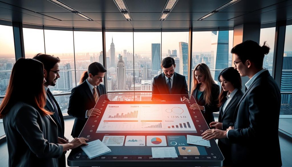 A modern and sleek office environment showcasing a digital loan matching platform in action. In the foreground, a diverse group of professionals in business attire are gathered around a high-tech touchscreen interface, analyzing data and discussing options. The middle ground features a large digital display showing graphs and loan statistics, surrounded by futuristic technology and financial documents. In the background, panoramic windows reveal a bustling city skyline under soft, warm lighting, creating a dynamic atmosphere. The image conveys a sense of professionalism, innovation, and collaboration in the realm of finance, emphasizing the streamlined process of data submission and loan matching. The overall mood is focused and optimistic, highlighting the importance of technology in simplifying financial services.
