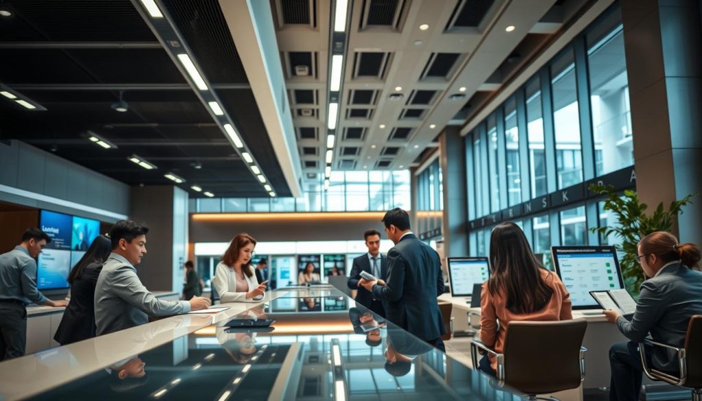 A modern bank branch interior focused on a busy loan application counter. In the foreground, a diverse group of professionals in business attire discuss loan products, reviewing documents with an attentive bank officer. The middle ground features sleek, glass counters and digital displays showcasing various loan options, with customers seated in comfortable chairs, engaged in conversation. In the background, high ceilings and bright LED lighting create an inviting atmosphere, with large windows letting in natural sunlight. A subtle touch of greenery adds warmth. The image captures a sense of collaboration and professionalism, conveying the importance of choosing the right loan products and banking channels strategically.