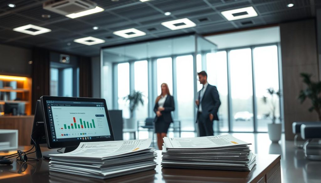 A modern bank interior, showcasing a professional atmosphere with sleek furniture and bright, ambient lighting. In the foreground, an organized desk with a computer displaying a financial dashboard and a stack of loan applications, symbolizing inquiry without commitment. In the middle ground, a semi-transparent glass partition separating a consulting area, where a bank representative, dressed in formal business attire, is attentively discussing with a client, who appears relaxed and curious. The background features a row of tall windows allowing natural light to filter through, creating a sense of transparency and openness. The overall mood is one of professionalism and trust, with a focus on confidentiality and awareness of internal records. A modern bank interior, showcasing a professional atmosphere with sleek furniture and bright, ambient lighting. In the foreground, an organized desk with a computer displaying a financial dashboard and a stack of loan applications, symbolizing inquiry without commitment. In the middle ground, a semi-transparent glass partition separating a consulting area, where a bank representative, dressed in formal business attire, is attentively discussing with a client, who appears relaxed and curious. The background features a row of tall windows allowing natural light to filter through, creating a sense of transparency and openness. The overall mood is one of professionalism and trust, with a focus on confidentiality and awareness of internal records.