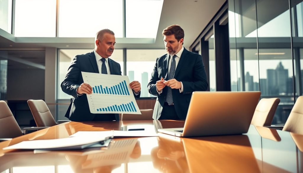 A modern bank interior with a sleek, professional atmosphere, featuring a meeting room where two financial experts in business attire are engaged in a discussion. The foreground shows a polished conference table with documents and a laptop displaying charts on property valuation. In the middle, one expert is pointing at a graph while the other is taking notes, indicating a deliberate analysis. The background reveals a large window with natural light streaming in, casting soft shadows and highlighting a skyline view. The overall mood is focused and analytical, conveying the complexity of internal bank evaluations versus external appraisals in real estate value assessment. The lighting is bright yet warm, contrasting with the cool, neutral tones of the office decor, emphasizing professionalism and clarity.