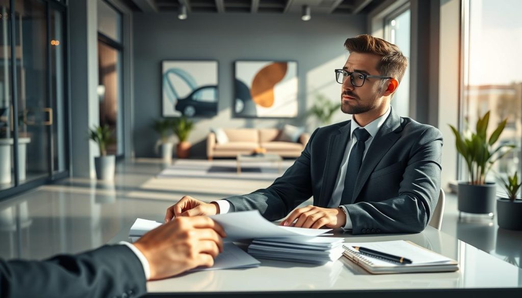 A modern bank office interior, featuring a well-dressed individual sitting at a sleek desk with paperwork and a laptop, looking thoughtful while considering a car loan application. In the foreground, a pair of hands are seen organizing documents related to car financing. The middle layer showcases a stylish office setting with large windows, allowing soft natural light to illuminate the space. A comfortable waiting area with potted plants and abstract artwork is visible in the background, creating a professional yet inviting atmosphere. The overall mood is focused and contemplative, capturing the decision-making process of applying for a car loan. The image should be well-lit with a warm color palette, evoking a sense of reassurance and professionalism.