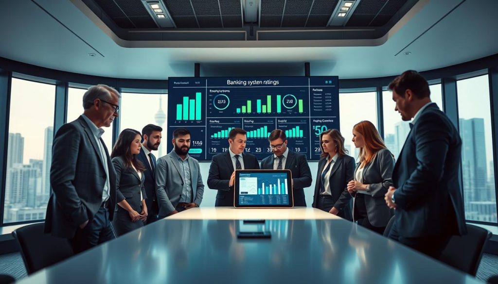 A modern bank office interior showcasing a central focus on a digital display board with graphs and scores reflecting "banking system ratings." In the foreground, a diverse group of business professionals in smart attire, engaged in a discussion over a tablet displaying analytics. The middle ground features a sleek conference table illuminated by soft overhead lighting, while the background reveals large windows allowing natural light to stream in, highlighting the urban skyline outside. The atmosphere is serious yet collaborative, emphasizing the importance of data-driven decisions in banking. The overall color palette combines cool blues and greens, conveying trust and professionalism, with a slight depth of field to draw attention to the central display. A modern bank office interior showcasing a central focus on a digital display board with graphs and scores reflecting "banking system ratings." In the foreground, a diverse group of business professionals in smart attire, engaged in a discussion over a tablet displaying analytics. The middle ground features a sleek conference table illuminated by soft overhead lighting, while the background reveals large windows allowing natural light to stream in, highlighting the urban skyline outside. The atmosphere is serious yet collaborative, emphasizing the importance of data-driven decisions in banking. The overall color palette combines cool blues and greens, conveying trust and professionalism, with a slight depth of field to draw attention to the central display.
