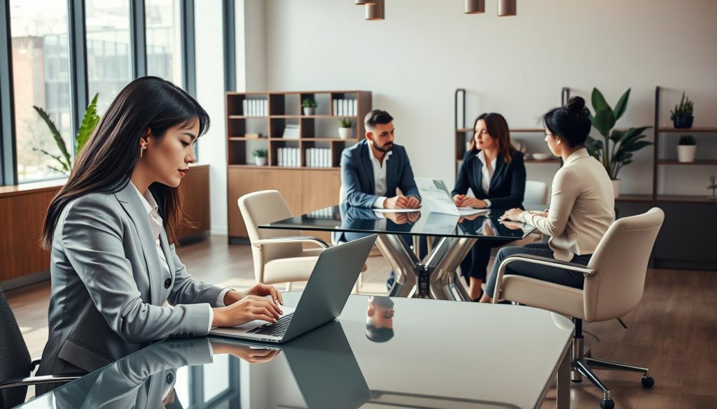 A modern bank office interior, showcasing a welcoming atmosphere for potential loan inquiries. In the foreground, a professional businesswoman in formal attire sits at a sleek desk, reviewing financial documents on her laptop, with a thoughtful expression. The middle ground features a large, glass conference table surrounded by comfortable chairs, where two clients engage in a discussion with a bank representative, all dressed in business casual attire. Soft, natural light pours in through large windows, illuminating the scene and creating a warm ambiance. The background includes contemporary shelves lined with financial books and decorative plants, contributing to the inviting mood of the space. The composition suggests a focus on professional guidance and financial inclusiveness, inspiring confidence in banking services. A modern bank office interior, showcasing a welcoming atmosphere for potential loan inquiries. In the foreground, a professional businesswoman in formal attire sits at a sleek desk, reviewing financial documents on her laptop, with a thoughtful expression. The middle ground features a large, glass conference table surrounded by comfortable chairs, where two clients engage in a discussion with a bank representative, all dressed in business casual attire. Soft, natural light pours in through large windows, illuminating the scene and creating a warm ambiance. The background includes contemporary shelves lined with financial books and decorative plants, contributing to the inviting mood of the space. The composition suggests a focus on professional guidance and financial inclusiveness, inspiring confidence in banking services.